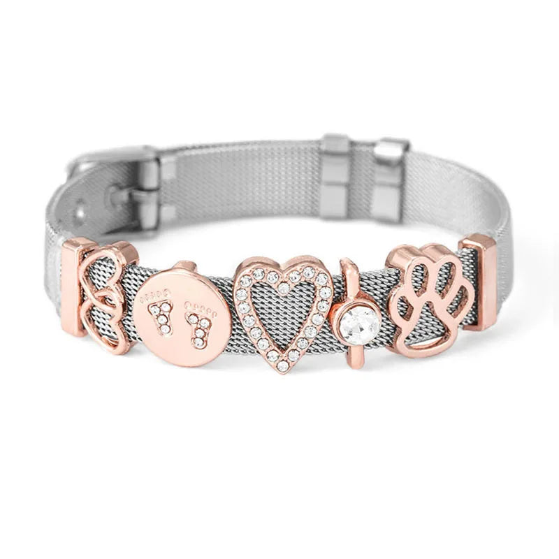 Stainless Steel Mesh Bracelet Set with Footprint Charm Beads
