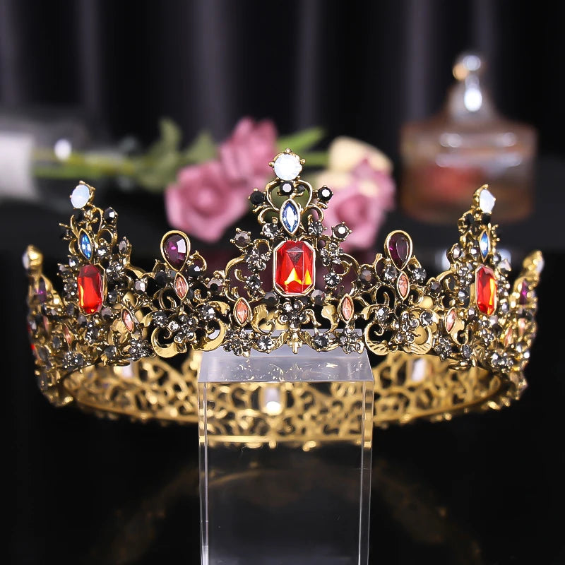 Vintage Baroque Red Crystal Wedding Hair Accessories Tiara Crown