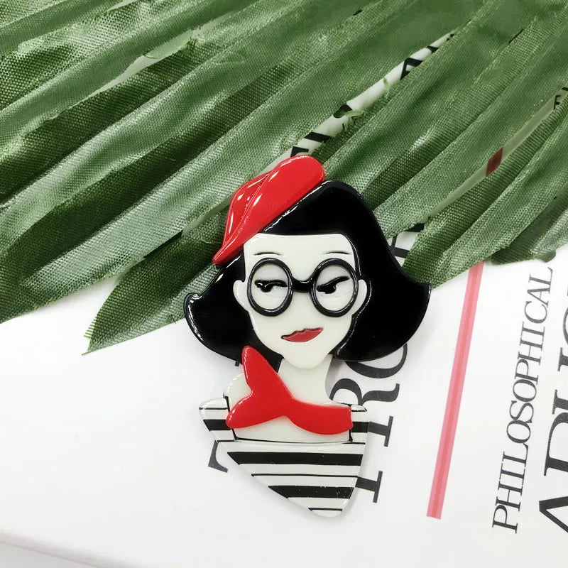 Red Hat Girl Acrylic Brooches Cartoon Badges Lapel Pins Jewelry