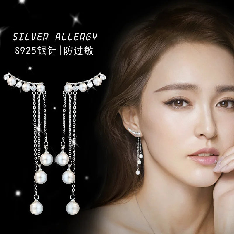 Zircon Long Shell Pearl Stud Earrings 925 Sterling Silver