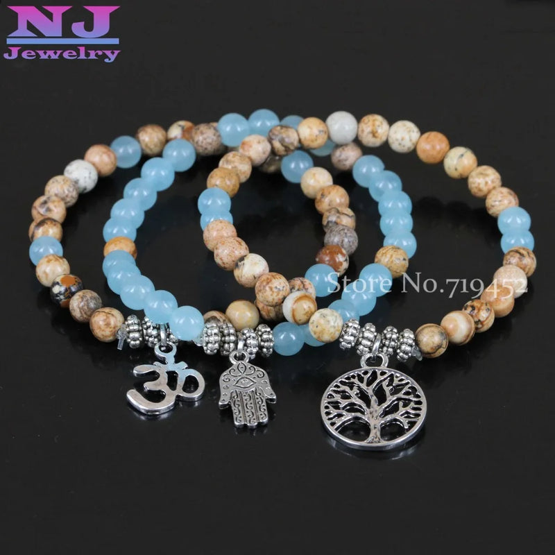 6mm Yoga Set Om Hamsa Hand Bracelet Tree of Life Healing Stone Stackable