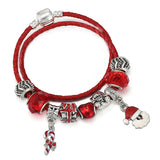 Xmas Red Leather Charm Bracelet With Santa Claus Pendants DIY Bracelet