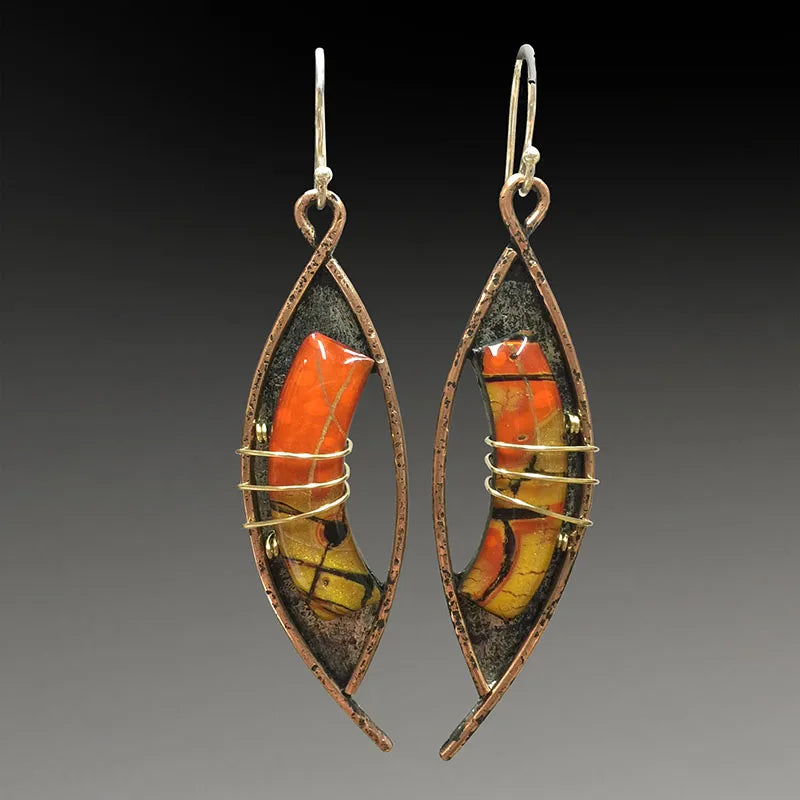 Vintage Yellow Orange Stone Earrings Red Bronze Dangle Earrings