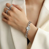 Stainless Steel Roman Number Bangle Bracelet with Mother-of-pearl