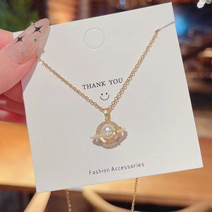 Diamond Space Planet Pearl Pendant Necklace Female Collarbone Chain