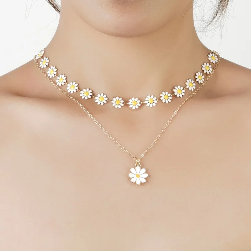 Double Layer Daisy Flower Clavicle Chain Necklace for Women