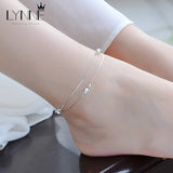 Double Layers Chain Heart & Star Charm Anklet 925 Sterling Silver