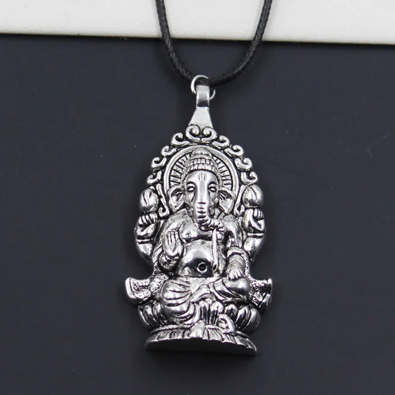 Faux Leather Ganesha Elephant Pendant Cord Choker Necklace