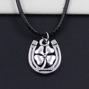 Faux Leather Horseshoe Lucky Clover Pendant Cord Choker Necklace