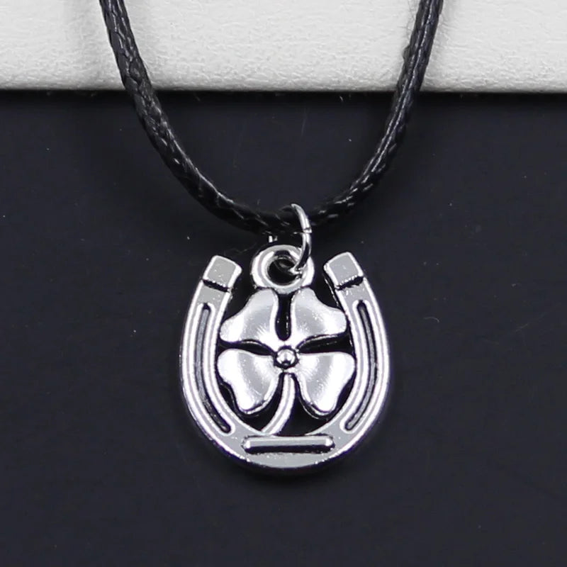 Faux Leather Horseshoe Lucky Clover Pendant Cord Choker Necklace
