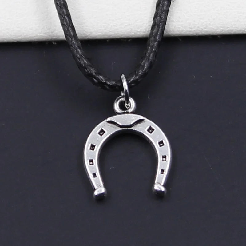 Faux Leather Horseshoe Pendant Choker Necklace Tibetan Silver