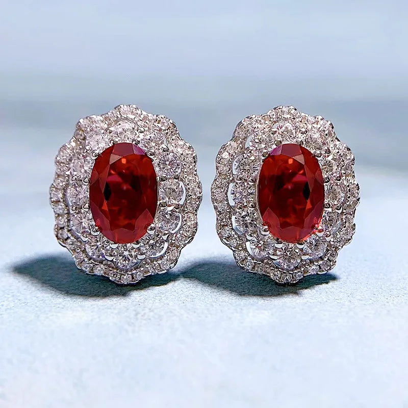 Pigeon Blood Red Oval Earrings S925 Silver