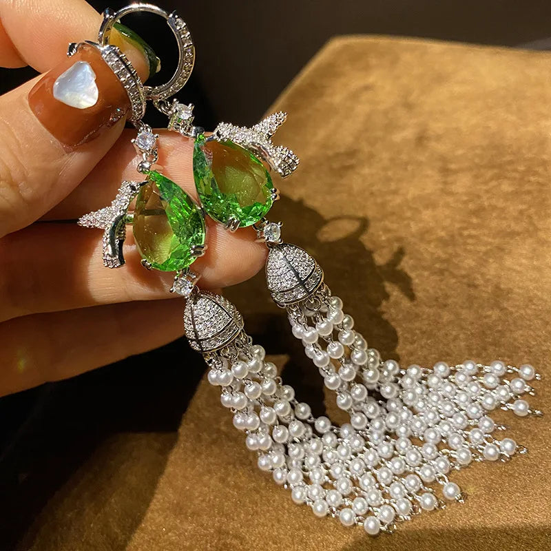Silver Bird Tassel Drop Earrings with Pearl Vintage Cocktail Jewelry