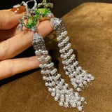 Silver Bird Tassel Drop Earrings with Pearl Vintage Cocktail Jewelry