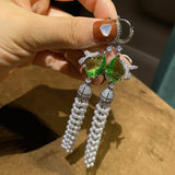 Silver Bird Tassel Drop Earrings with Pearl Vintage Cocktail Jewelry