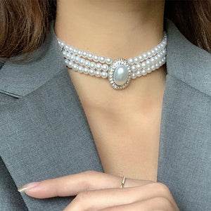 Baroque Three Strands Collar Planet Choker Pearl Necklace Vintage Party Jewelry