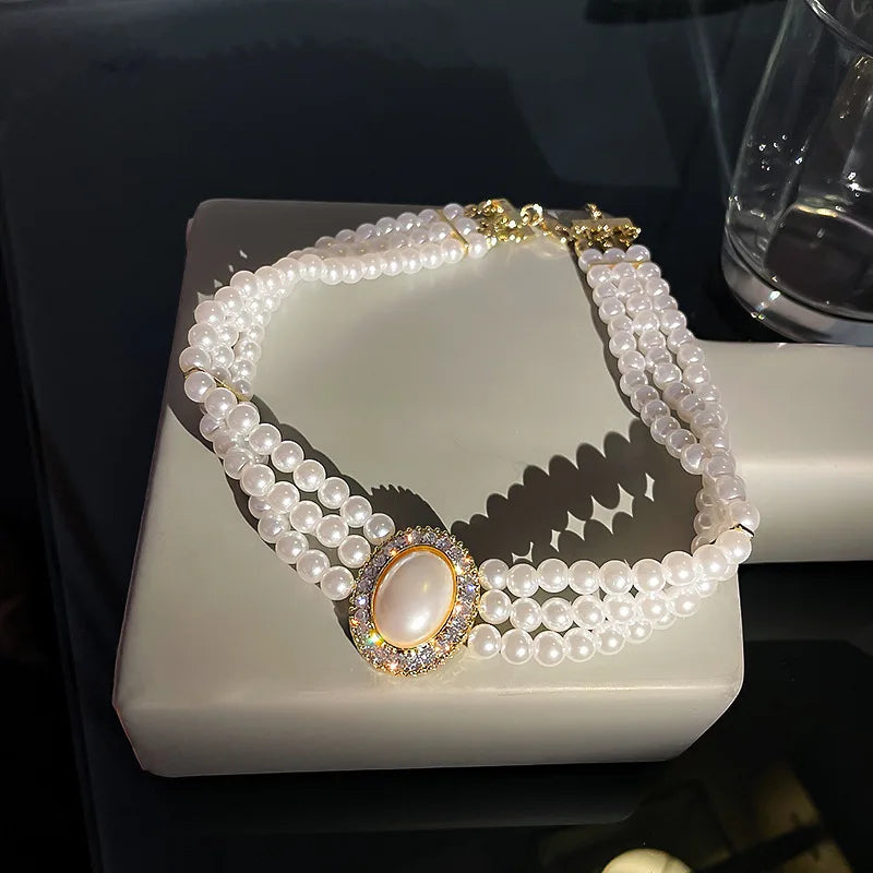 Baroque Three Strands Collar Planet Choker Pearl Necklace Vintage Party Jewelry