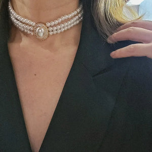 Baroque 3-Strand Planet Choker Pearl Necklace Vintage Party