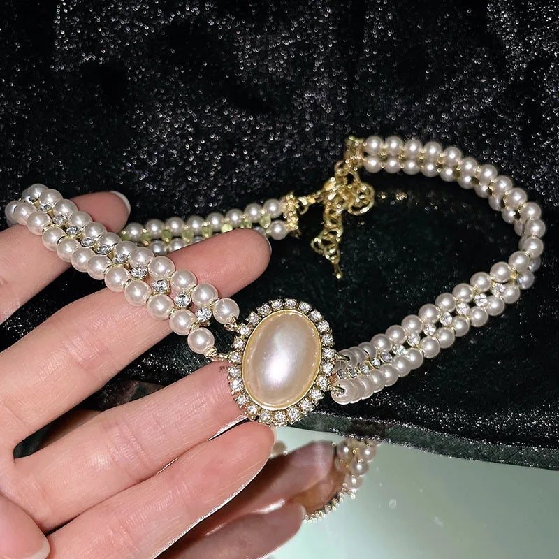 Double Layer Pearl Necklace Zircon Choker Wedding Vintage Jewelry