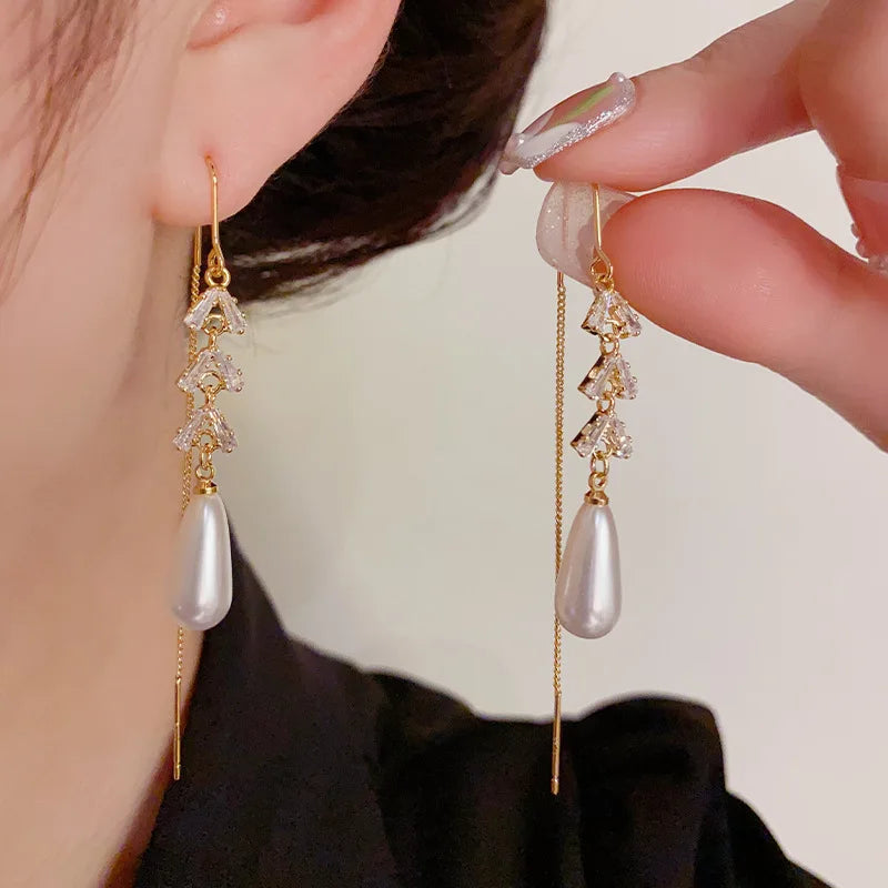 Long Zircon Pearl Pendant Earrings High Jewelry