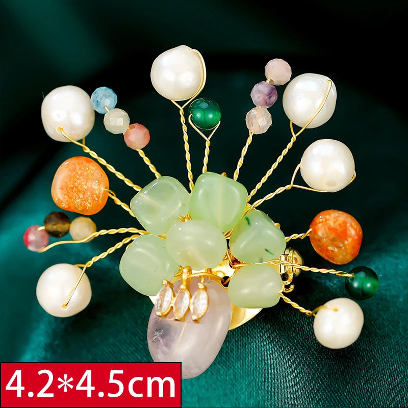 Colorful Stone Flower Brooch Pin Natural Pearl Wedding