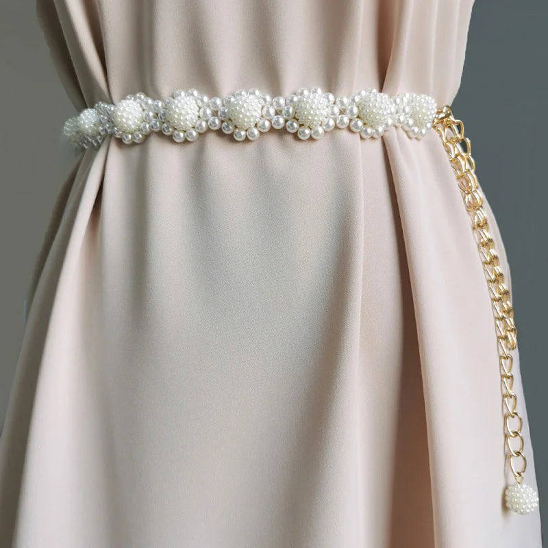 Pearl Beads Braided Waist Chain Adjustable Lady Belt Decorative Metal Chains