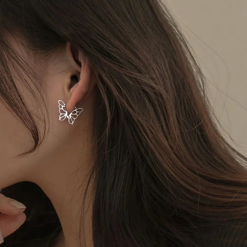 925 Silver Hollow Butterfly Stud Earrings Female Girl Silver Jewelry