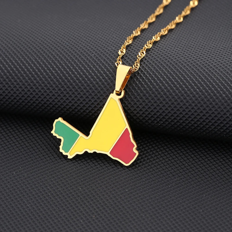 Enamel Drop Mali Map Flag Pendant Necklace For Women Girls Stainless Steel