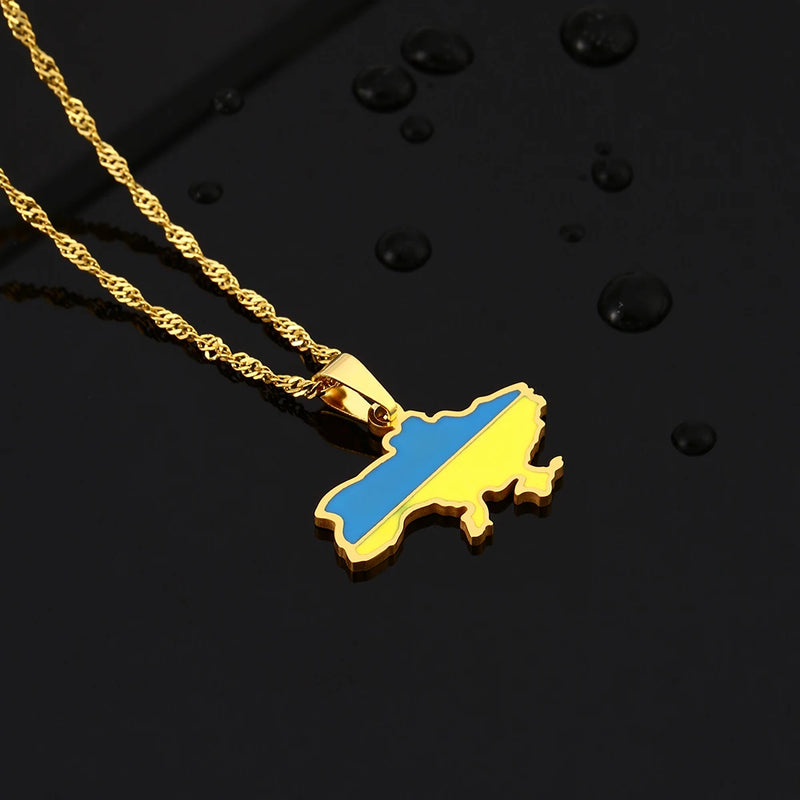 Enamel Drop Ukraine Map Flag Pendant Necklace For Women