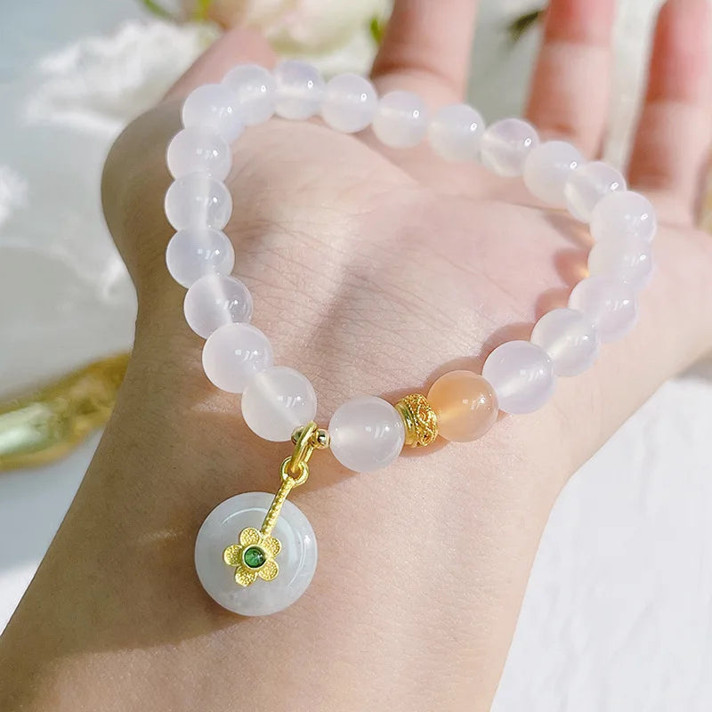 Ethnic Agate Beaded Strand Bracelet Lucky Flower Charm Jewelry