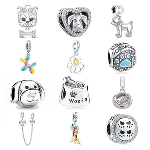 Europe Safety Chain Charm Dog Bone Paw Print Beads 925 Silver