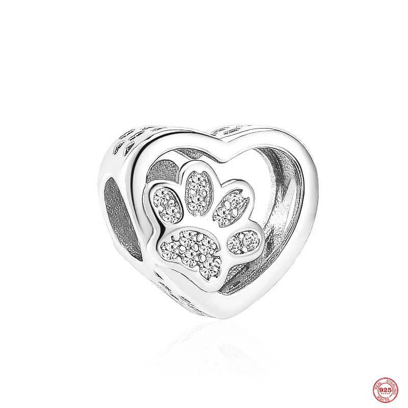 925 Sterling Silver Pink Ribbon Love Heart Cat Paw Bead Charm
