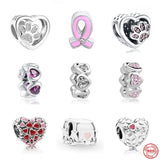 925 Sterling Silver Pink Ribbon Love Heart Cat Paw Bead Charm