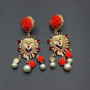 European Baroque Ceramic Red Safflower Pearl Long Earrings