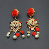 European Baroque Ceramic Red Safflower Pearl Long Earrings