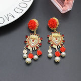 European Baroque Ceramic Red Safflower Pearl Long Earrings