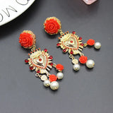 European Baroque Ceramic Red Safflower Pearl Long Earrings