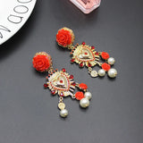 European Baroque Ceramic Red Safflower Pearl Long Earrings