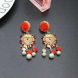 European Baroque Ceramic Red Safflower Pearl Long Earrings