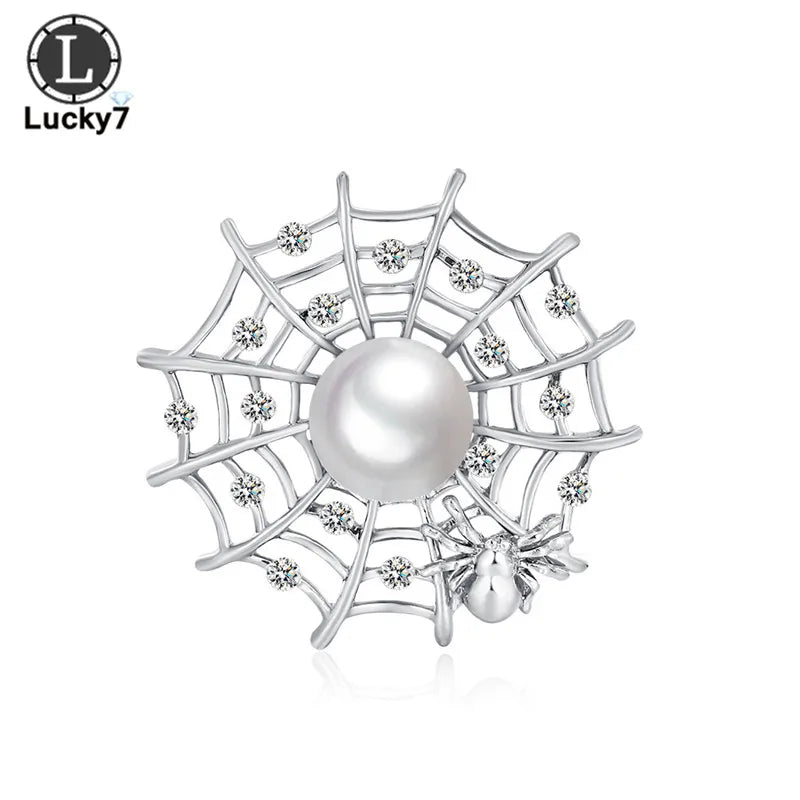 Exaggerated Alloy Pearl Rhinestone Web Brooch