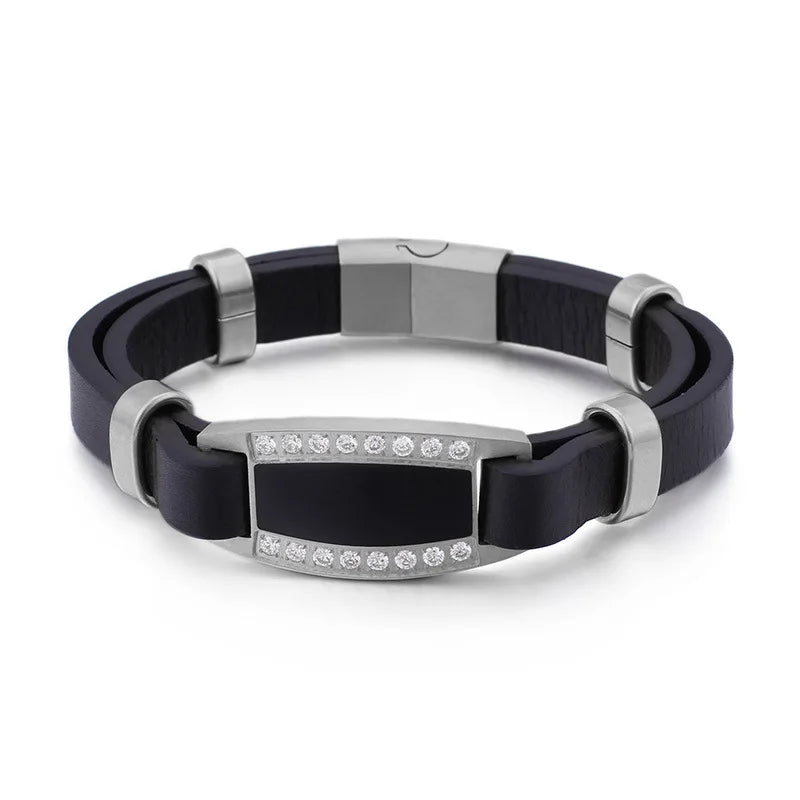 European American CZ Titanium Steel Bracelet Retro Leather Men's Jewelry