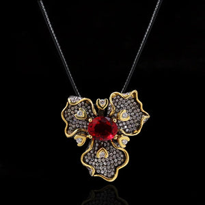 Two-tone Flower Inlaid Red Gemstone Pendant Necklace 925 Silver