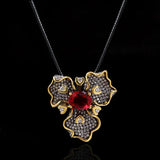 Two-tone Flower Inlaid Red Gemstone Pendant Necklace 925 Silver