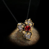 Two-tone Flower Inlaid Red Gemstone Pendant Necklace 925 Silver