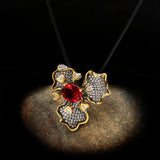 Two-tone Flower Inlaid Red Gemstone Pendant Necklace 925 Silver