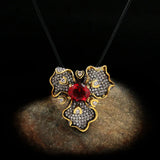 Two-tone Flower Inlaid Red Gemstone Pendant Necklace 925 Silver