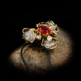 Two-tone Flower Inlaid Red Gemstone Pendant Necklace 925 Silver