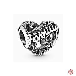 925 Silver Family Bead Heart Pendant Love Charm Bracelet DIY Jewelry