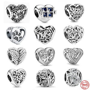 925 Silver Family Bead Heart Pendant Love Charm Bracelet DIY Jewelry