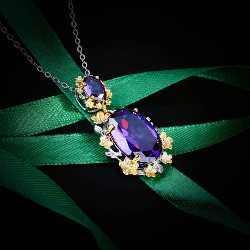 Purple Cubic Zirconia Flower Pendant Necklace Vintage Jewelry Women